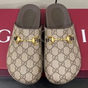 Gucci Brown Monogram Slides with Gold Accent